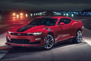 A 2024 Chevy Camaro parked outdoors at night near Anderson, Indiana