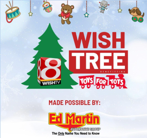 A colorful visual featuring a green Christmas tree, bold red 'WISH TREE' text, and 'TOYS FOR TOTS' logos, emphasizing Ed Martin Automotive Group's commitment to this cause.