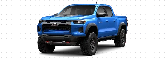A blue Chevrolet Colorado Crew Cab with red front tow hooks