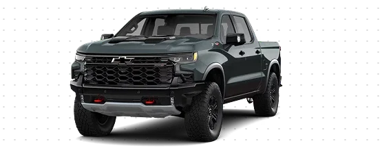 A dark green Chevrolet Silverado 1500 Crew Cab with red front tow hooks