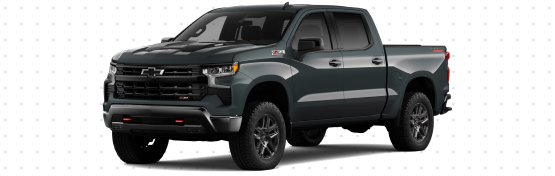 A dark grey Chevrolet Silverado 1500 Trail Boss Crew Cab with red front tow hooks