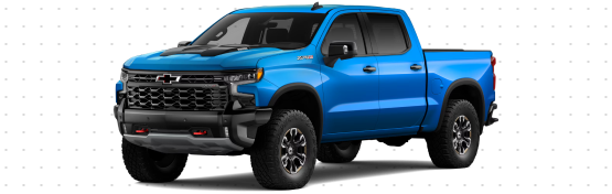 A blue Chevrolet Silverado 1500 ZR2 Crew Cab with red front tow hooks