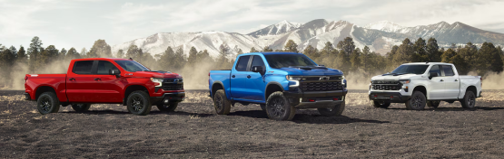 Red, blue and white Chevrolet Silverado 1500 pickups parked side by side in front of snow-capped mountains
